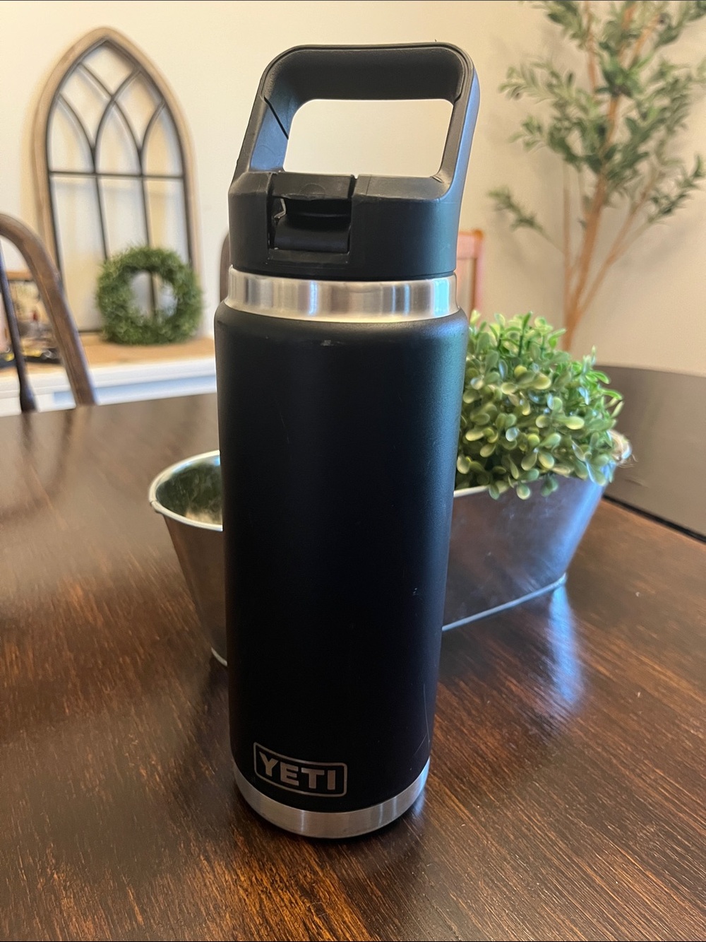 Yeti Black and Silver Insulated Bottle with Carry Handle